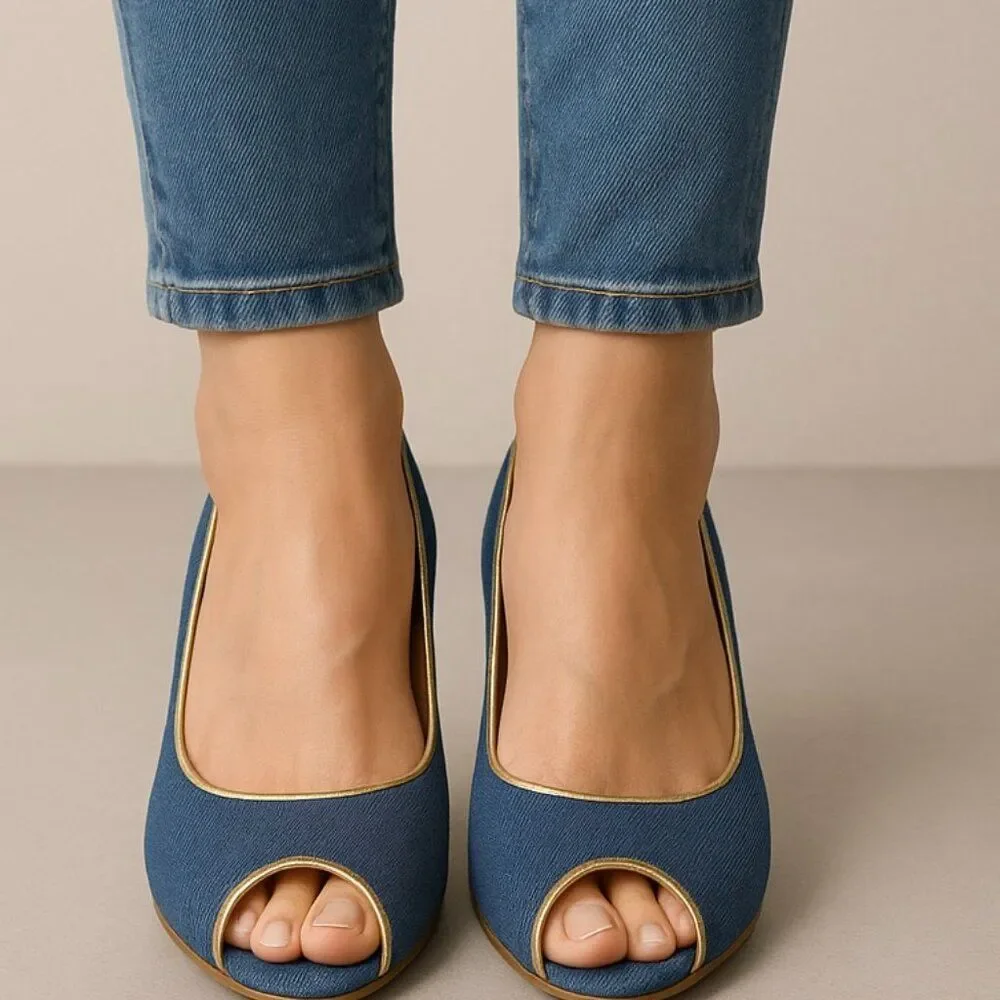 A J Valenci Peep Toe Denim Wedge Pumps Blue Gold Trim Size 9W – EUC